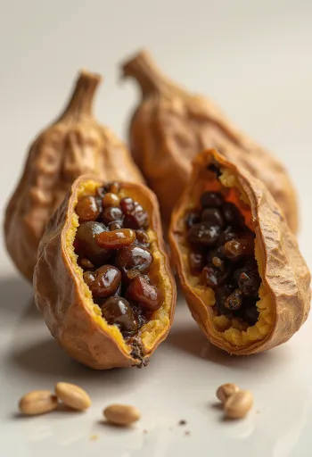 Terved ja avatud tamarindi kaunad pruuni koore, sisemise viljaliha ja mustade seemnetega