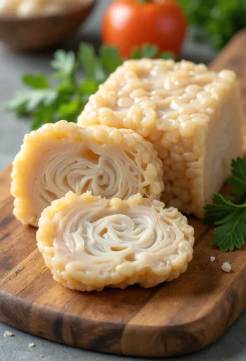 Viilutatud tempeh tükid puidust pinnal, grillitud tempeh taldrikul