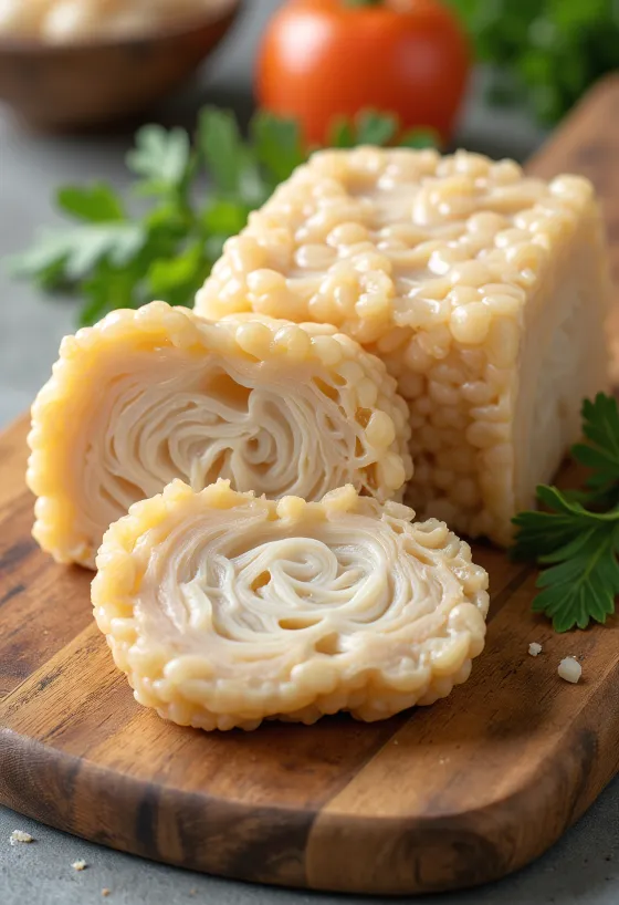 Viilutatud tempeh tükid puidust pinnal, grillitud tempeh taldrikul