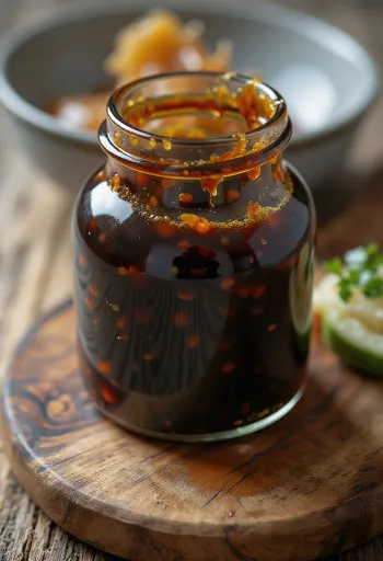 Läikiv, tumepruun teriyaki kaste keraamilises kausis, kõrval sojakaste, mirin, sake ja pruun suhkur väikestes kaussides