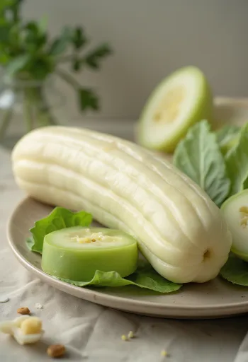 Värske suvikõrvits lõikelaual, poolitatuna, heleda sisuga