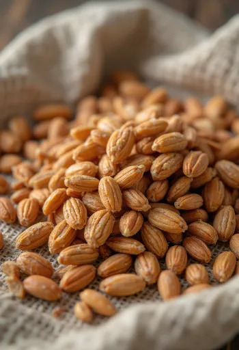 Speltaterad maalähedases keraamilises kausis, laiali puistatud puidust pinnal