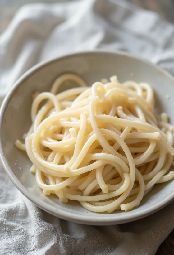 Kuivatatud udon-nuudlid rustikaalses kausis, puidust pinnal, loomulikus valguses
