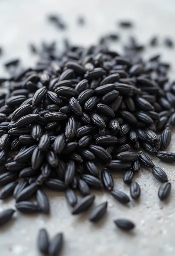 Toores metsik riis piklike tumedate teradega keraamilises kausis