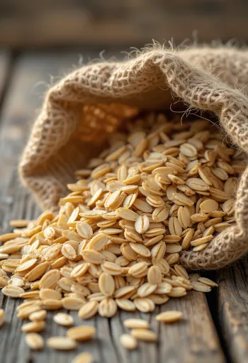 Puhastatud kaeraterad väikeses kotis ja puidust pinnal laiali laotatuna