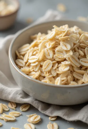 Toored kaerahelbed keraamilises kausis, laiali puistatuna puidust pinnal