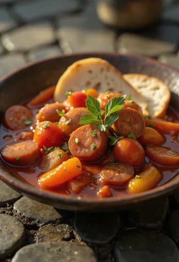 Letšo serveeritud värske paprika, tomati ja suitsuvorstiga