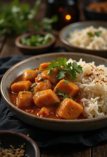Pork Vindaloo serveeritud riisi ja värske koriandriga