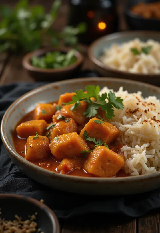 Pork Vindaloo serveeritud riisi ja värske koriandriga