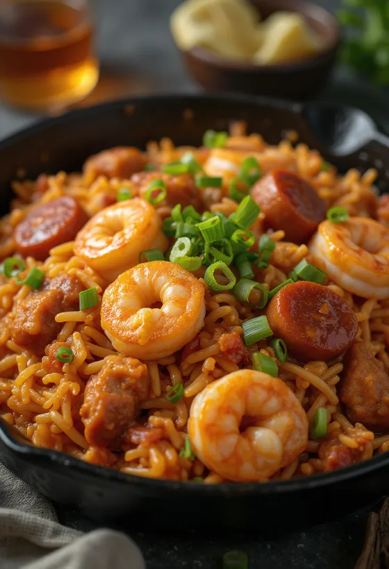 Jambalaya serveerituna vorsti ja krevettidega