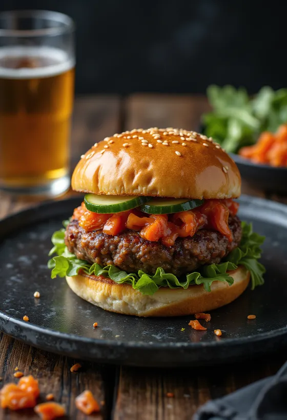 Värskelt valminud Korea burger gochujang-glasuuri ja kimchiga