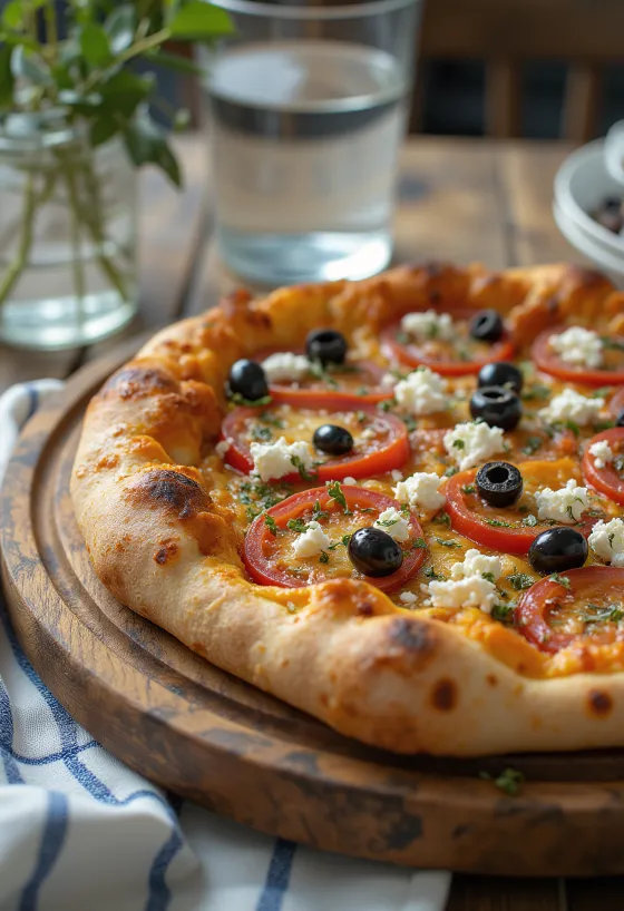 Pizza Greca feta juustu, mustade oliivide ja värske tomatiga