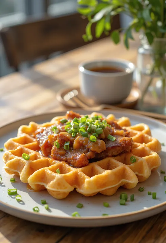 Kimchi ja sealihaga vahvel serveerituna