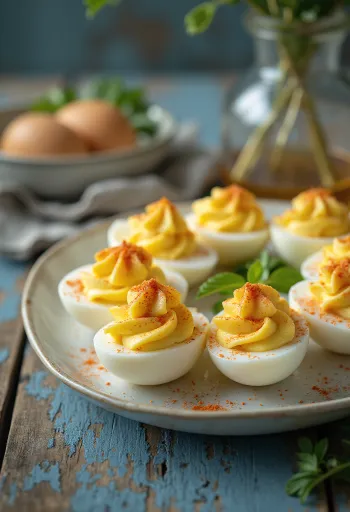 Täidetud munad, kaunistatud värskete ürtide ja paprikaga