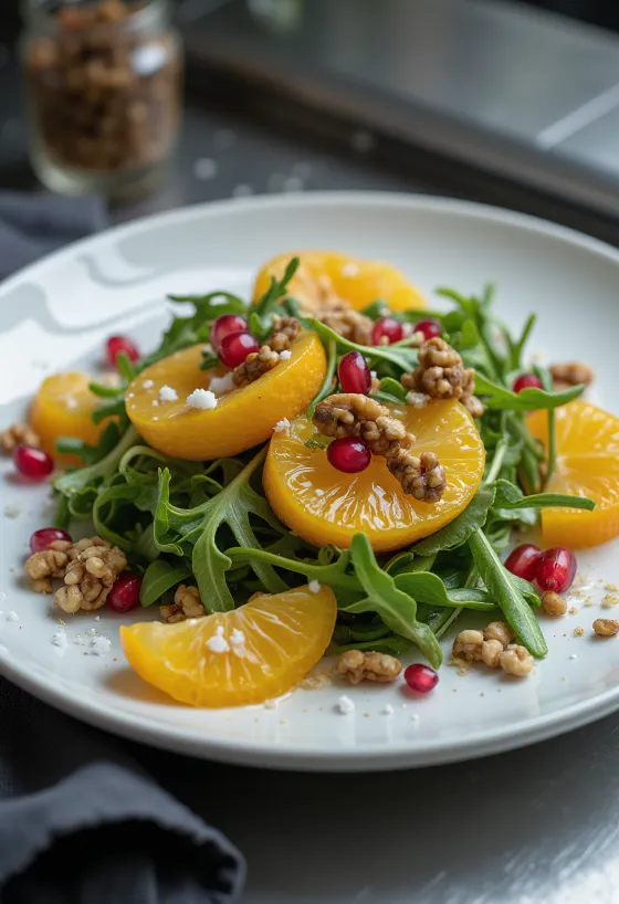 Vegan apelsinisalat kreeka pähklitega serveerituna