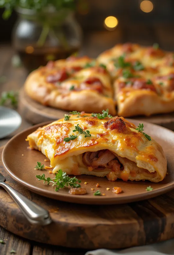 Lihatäidisega calzone pitsa kuldpruuniks küpsetatud, serveeritud värske salatiga