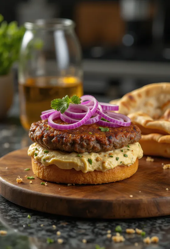 Värskelt valminud Lähis-Ida burger hummuse ja tahiniga