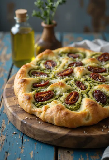 Focaccia pesto ja päikesekuivatatud tomatitega serveerituna