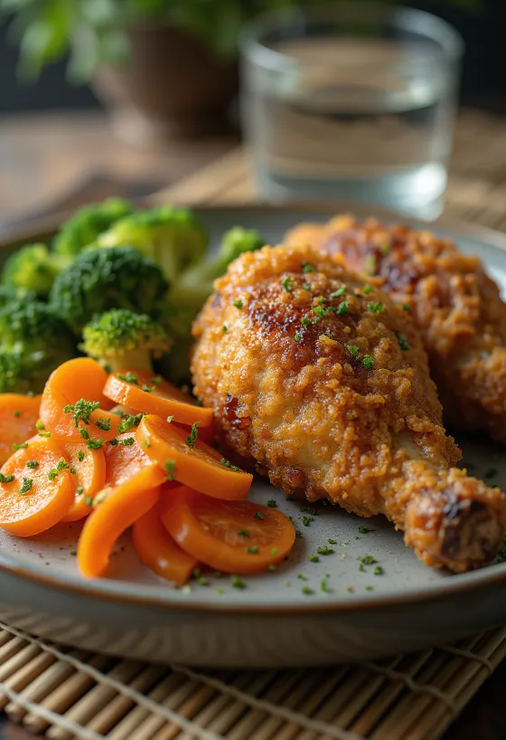 Paneeritud pardikoib köögiviljadega serveerituna