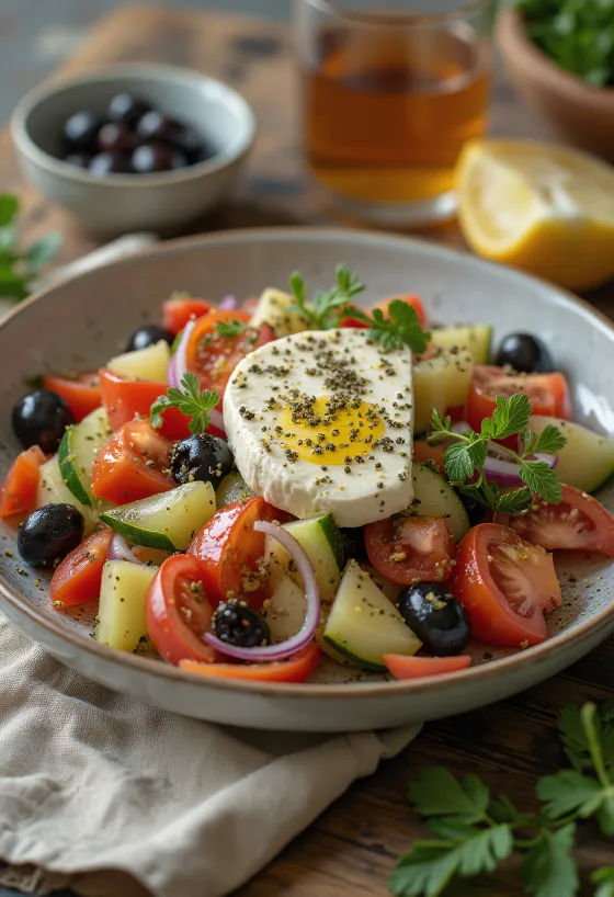Värske kreeka salat feta juustu, oliivide ja mahlase tomatiga