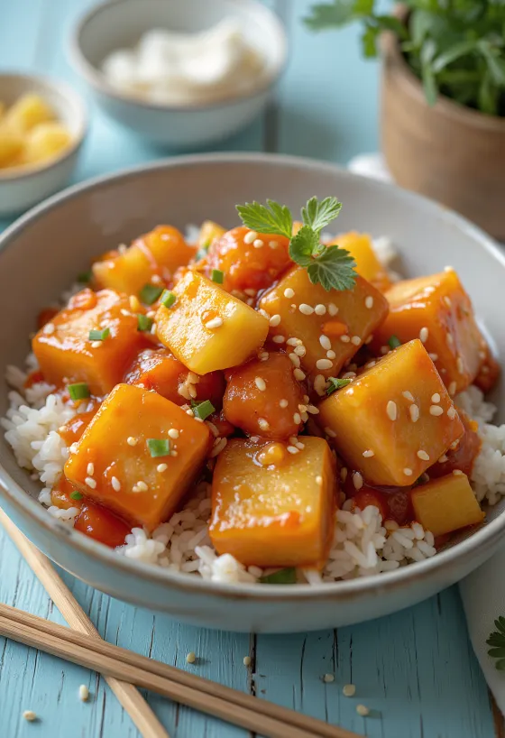 Praetud tofu hapukas-magusas kastmes paprika ja ananassiga