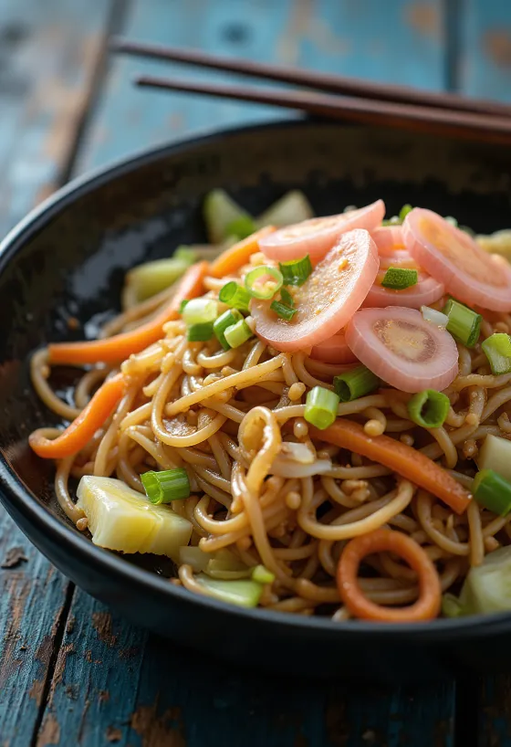 Yakisoba köögiviljadega, praetud nuudlid värviliste köögiviljadega