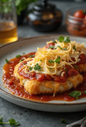 Chicken parmigiana serveerituna pasta ja värske basiilikuga