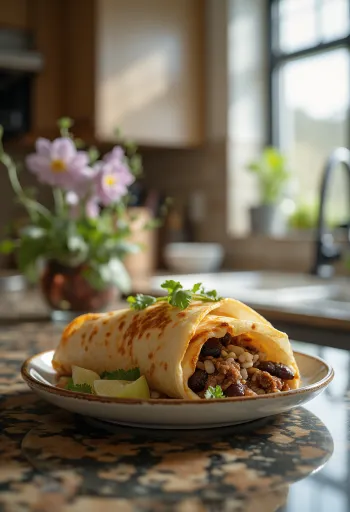 Veiseliha-burrito riisi, mustade ubade ja Cheddari juustuga