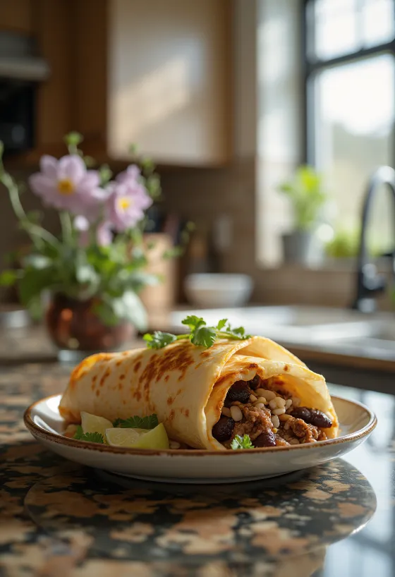 Veiseliha-burrito riisi, mustade ubade ja Cheddari juustuga