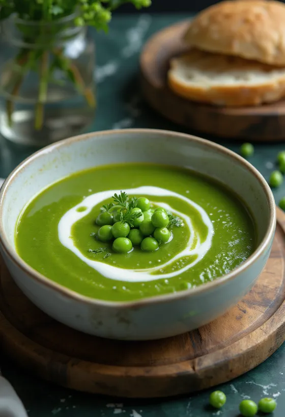 Kreemjas mündine rohelise herne püreesupp serveerituna