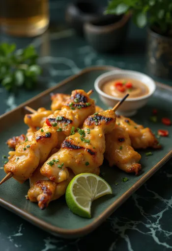 Kana-satay serveerituna maapähklikastmega
