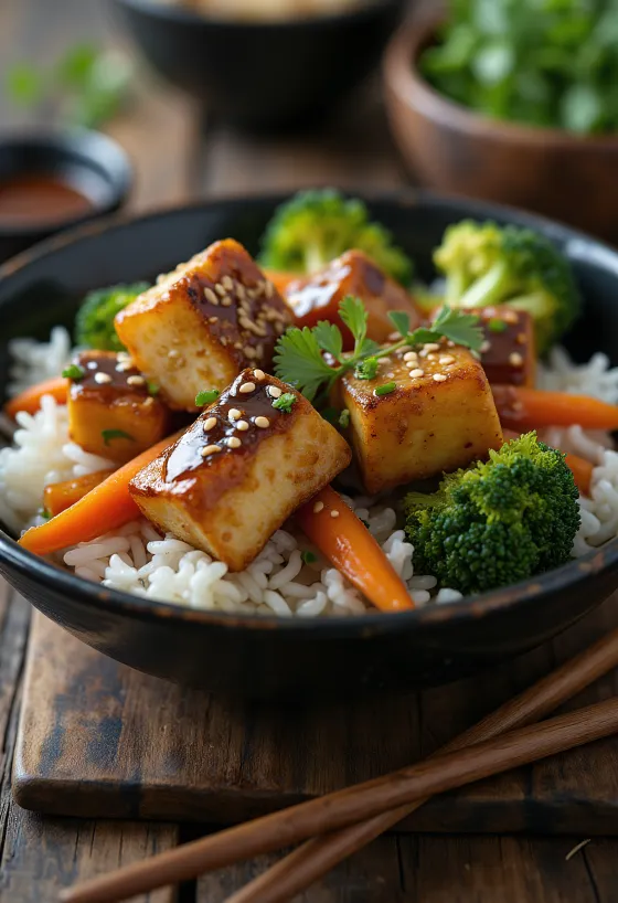 Seesami-tofu köögiviljadega, röstitud seesami ja värskete köögiviljadega serveerituna.
