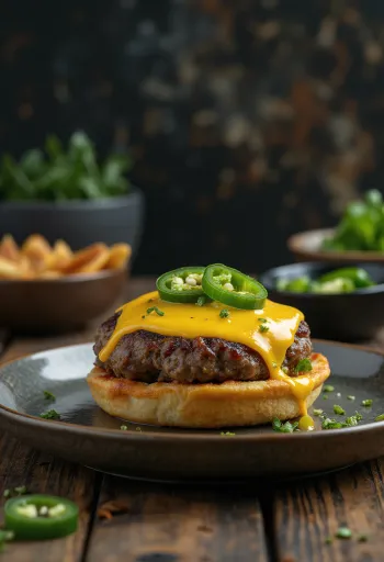 Jalapeño-juustuburger mahlase lihapihvi ja pikantse jalapeño pipraga