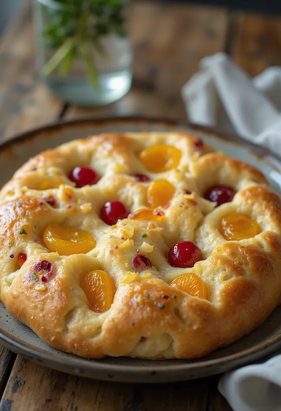 Puuviljasukaadiga focaccia serveerituna