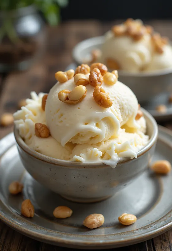 Kreemjas makadaamiapähkli jäätis serveerituna