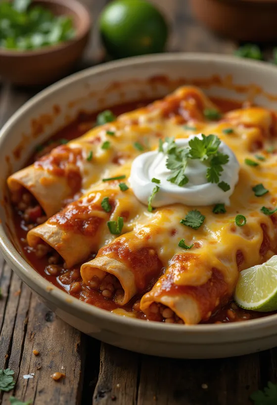 Veisehakklihaga enchilada serveerituna