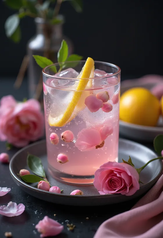 Roosivee limonaad klaasis serveerituna