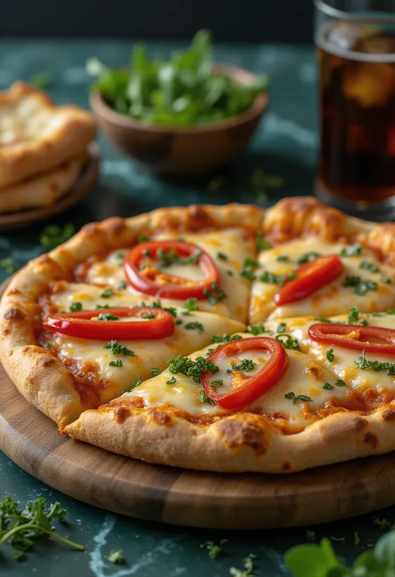 Vürtsikas Quattro Formaggi pitsa tšilliga serveeritult