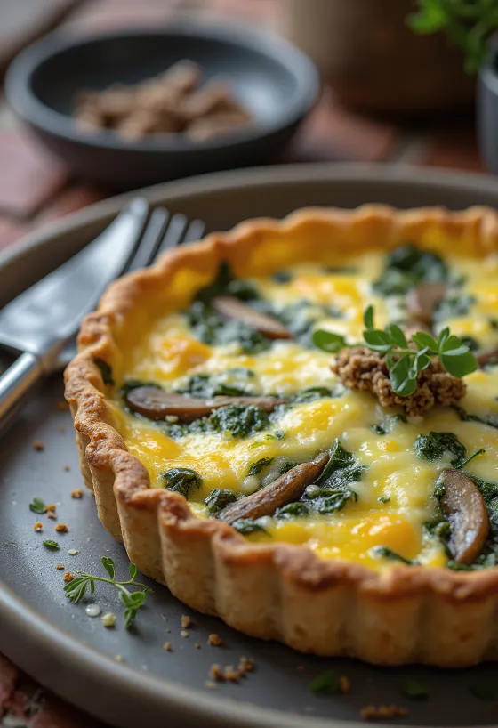 Spinati-seene quiche kuldpruuniks küpsetatult, viilutatult