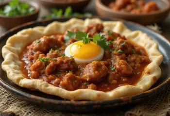 Doro Wat serveerituna kõvaks keedetud muna ja injera leivaga