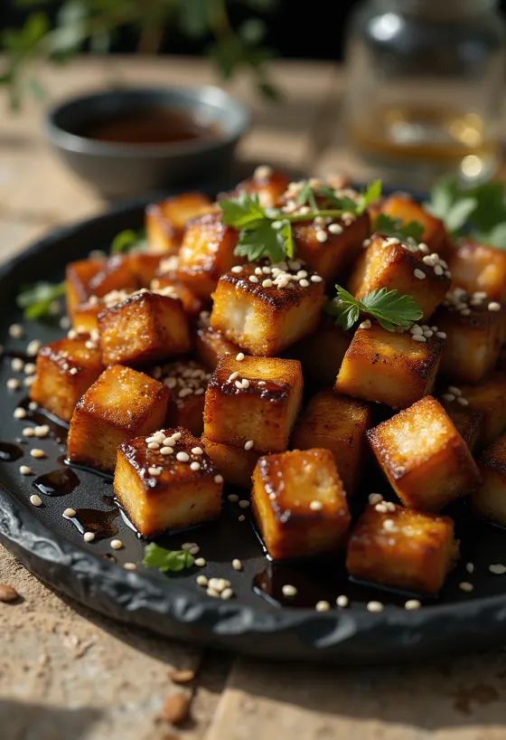 Marinaadis röstitud tofu, serveeritud röstitud seesamiseemnetega