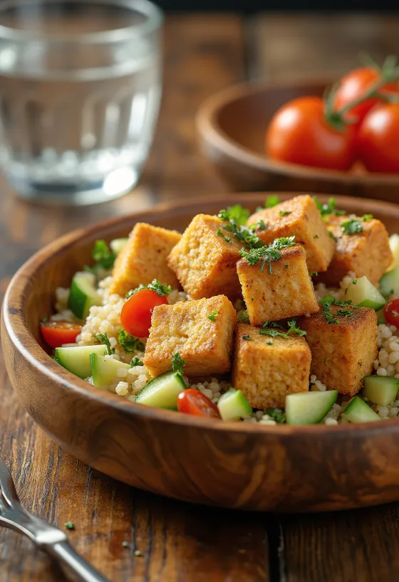 Röstitud tofu kinoasalatiga serveerituna