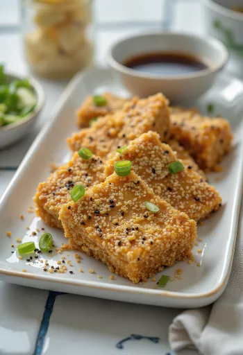 Seesamipaneeringus röstitud tofu, krõbe ja kuldpruun, serveeritud värskete köögiviljadega.