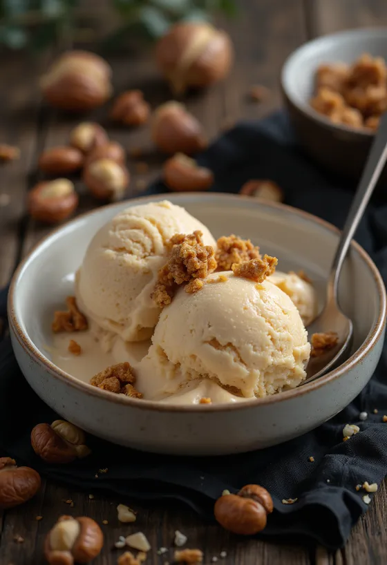 Kreemjas sarapuupähkli-piimajäätis serveerituna