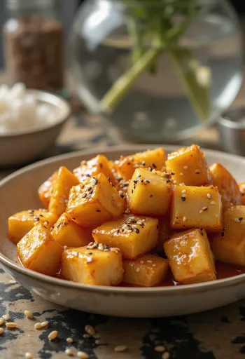 Praetud tofu puuviljases marinaadis, puistatud üle seesamiseemnete ja koriandriga
