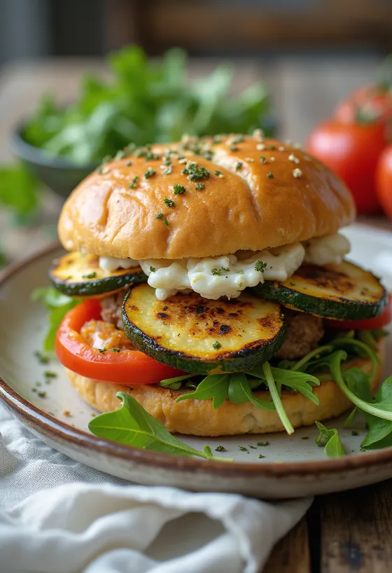 Grillitud köögiviljadega burger serveerituna