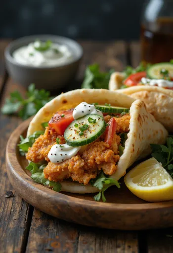 Kana gyros värskete köögiviljade, tzatziki kastme ja pita saiaga.