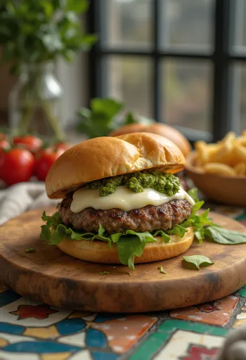 Mozzarella juustu burger mahlase lihapihvi ja värske basiilikuga
