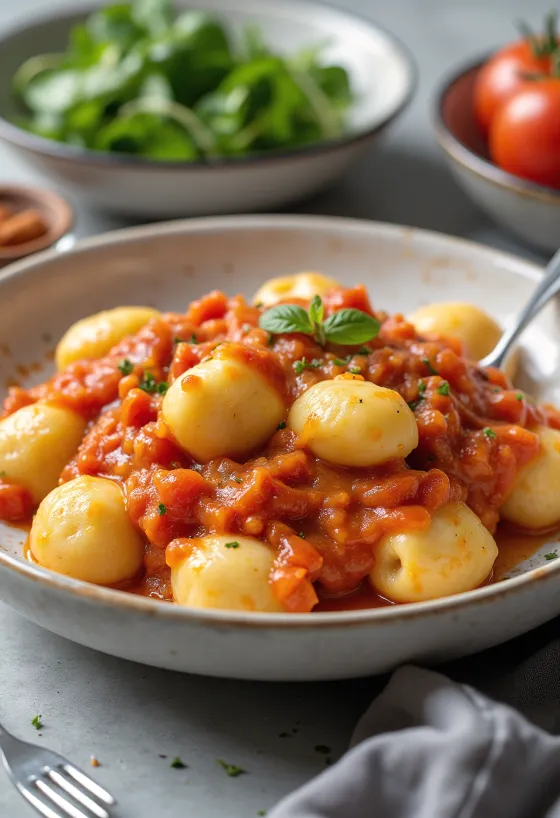 Vegan gnocchi tomatikastmega serveerituna