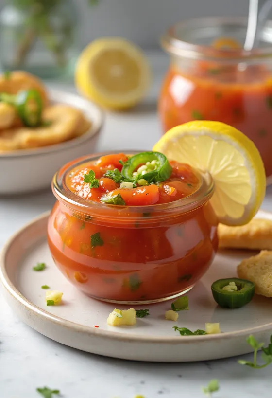 Jalapeño-tomatikaste purgis, serveeritud grilltoitude kõrvale